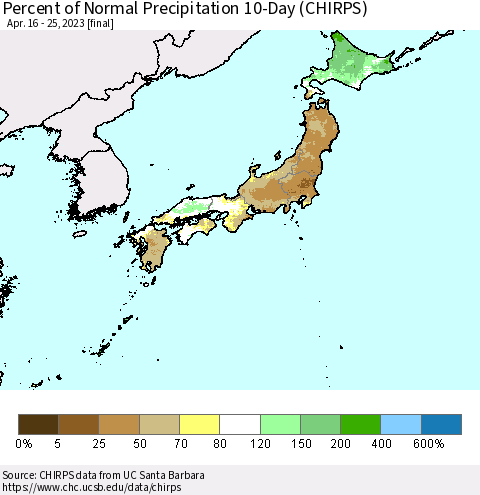 Japan Percent of Normal Precipitation 10-Day (CHIRPS) Thematic Map For 4/16/2023 - 4/25/2023