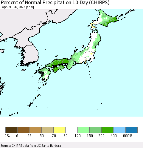 Japan Percent of Normal Precipitation 10-Day (CHIRPS) Thematic Map For 4/21/2023 - 4/30/2023