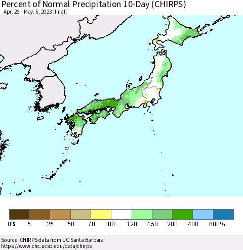 Japan Percent of Normal Precipitation 10-Day (CHIRPS) Thematic Map For 4/26/2023 - 5/5/2023