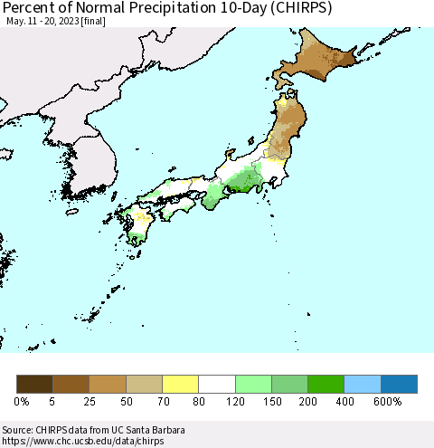 Japan Percent of Normal Precipitation 10-Day (CHIRPS) Thematic Map For 5/11/2023 - 5/20/2023
