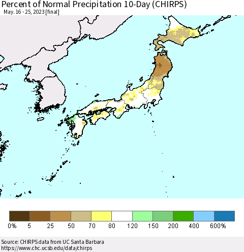 Japan Percent of Normal Precipitation 10-Day (CHIRPS) Thematic Map For 5/16/2023 - 5/25/2023