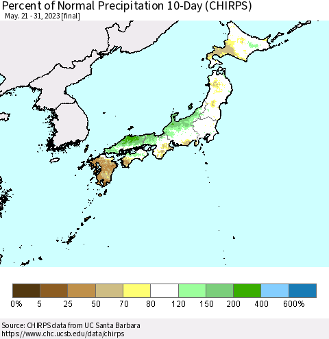 Japan Percent of Normal Precipitation 10-Day (CHIRPS) Thematic Map For 5/21/2023 - 5/31/2023