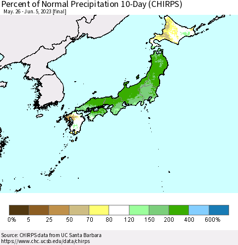 Japan Percent of Normal Precipitation 10-Day (CHIRPS) Thematic Map For 5/26/2023 - 6/5/2023