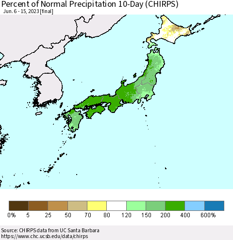 Japan Percent of Normal Precipitation 10-Day (CHIRPS) Thematic Map For 6/6/2023 - 6/15/2023