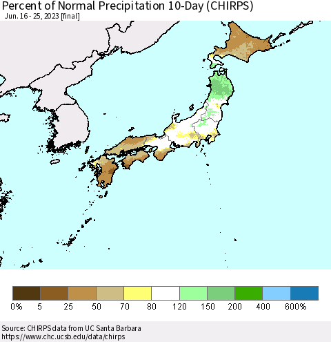 Japan Percent of Normal Precipitation 10-Day (CHIRPS) Thematic Map For 6/16/2023 - 6/25/2023