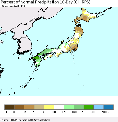 Japan Percent of Normal Precipitation 10-Day (CHIRPS) Thematic Map For 7/1/2023 - 7/10/2023