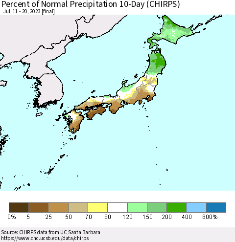 Japan Percent of Normal Precipitation 10-Day (CHIRPS) Thematic Map For 7/11/2023 - 7/20/2023
