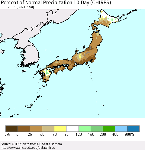 Japan Percent of Normal Precipitation 10-Day (CHIRPS) Thematic Map For 7/21/2023 - 7/31/2023