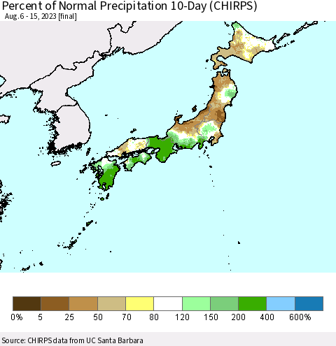 Japan Percent of Normal Precipitation 10-Day (CHIRPS) Thematic Map For 8/6/2023 - 8/15/2023