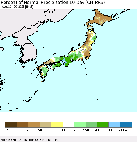 Japan Percent of Normal Precipitation 10-Day (CHIRPS) Thematic Map For 8/11/2023 - 8/20/2023