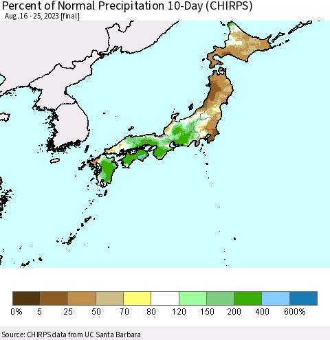 Japan Percent of Normal Precipitation 10-Day (CHIRPS) Thematic Map For 8/16/2023 - 8/25/2023