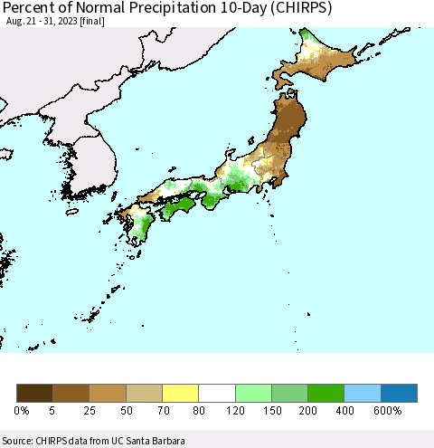 Japan Percent of Normal Precipitation 10-Day (CHIRPS) Thematic Map For 8/21/2023 - 8/31/2023