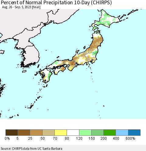 Japan Percent of Normal Precipitation 10-Day (CHIRPS) Thematic Map For 8/26/2023 - 9/5/2023