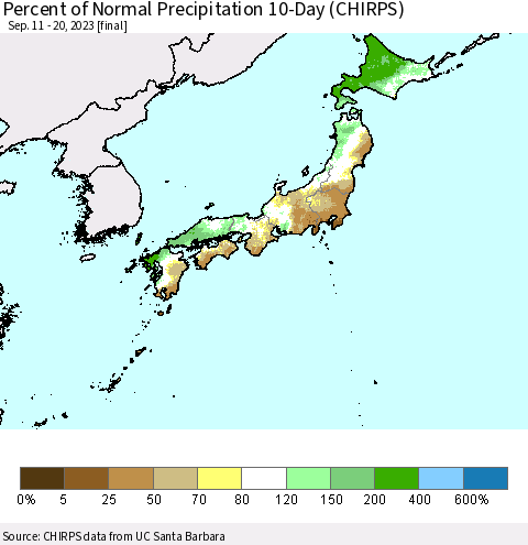 Japan Percent of Normal Precipitation 10-Day (CHIRPS) Thematic Map For 9/11/2023 - 9/20/2023