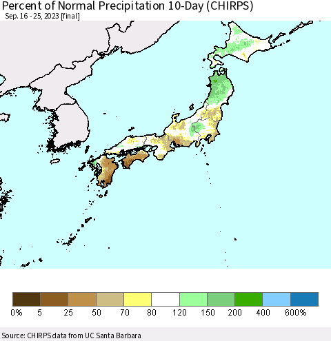 Japan Percent of Normal Precipitation 10-Day (CHIRPS) Thematic Map For 9/16/2023 - 9/25/2023