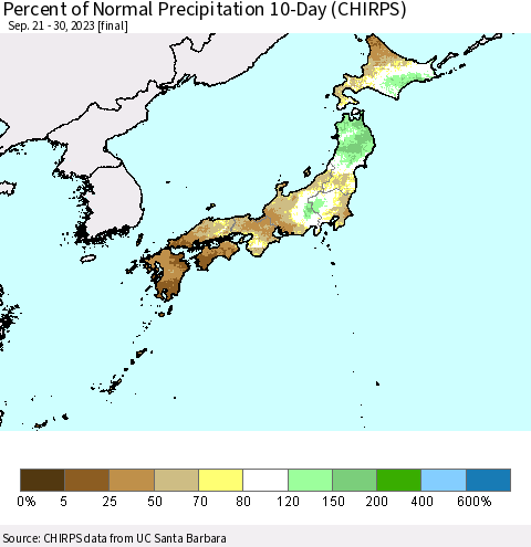 Japan Percent of Normal Precipitation 10-Day (CHIRPS) Thematic Map For 9/21/2023 - 9/30/2023