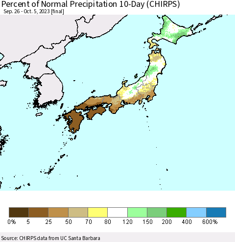 Japan Percent of Normal Precipitation 10-Day (CHIRPS) Thematic Map For 9/26/2023 - 10/5/2023