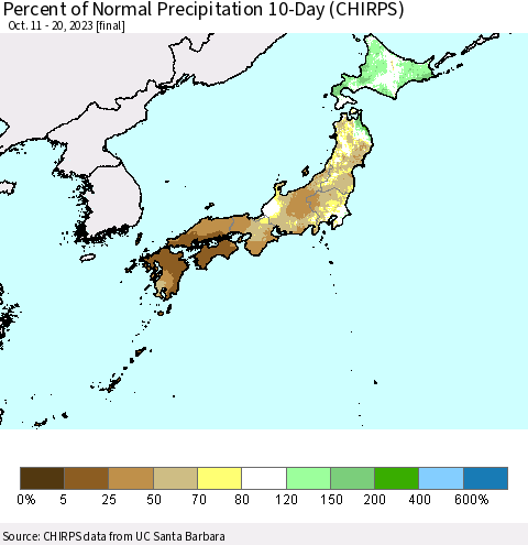 Japan Percent of Normal Precipitation 10-Day (CHIRPS) Thematic Map For 10/11/2023 - 10/20/2023