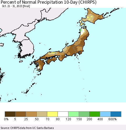 Japan Percent of Normal Precipitation 10-Day (CHIRPS) Thematic Map For 10/21/2023 - 10/31/2023