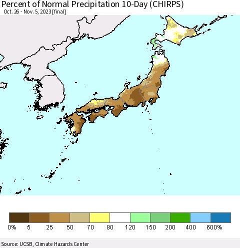 Japan Percent of Normal Precipitation 10-Day (CHIRPS) Thematic Map For 10/26/2023 - 11/5/2023