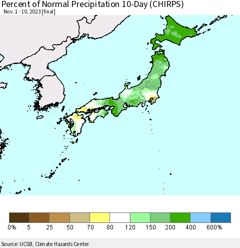 Japan Percent of Normal Precipitation 10-Day (CHIRPS) Thematic Map For 11/1/2023 - 11/10/2023