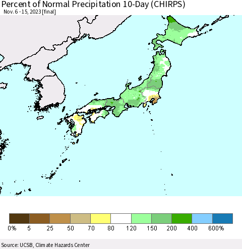 Japan Percent of Normal Precipitation 10-Day (CHIRPS) Thematic Map For 11/6/2023 - 11/15/2023