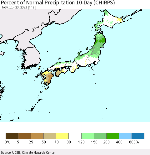 Japan Percent of Normal Precipitation 10-Day (CHIRPS) Thematic Map For 11/11/2023 - 11/20/2023