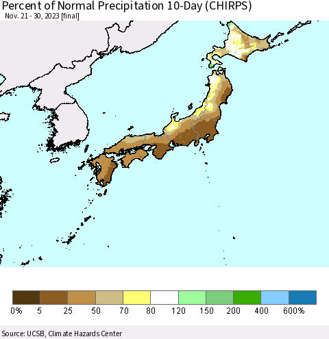 Japan Percent of Normal Precipitation 10-Day (CHIRPS) Thematic Map For 11/21/2023 - 11/30/2023
