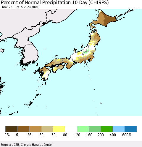 Japan Percent of Normal Precipitation 10-Day (CHIRPS) Thematic Map For 11/26/2023 - 12/5/2023