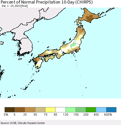 Japan Percent of Normal Precipitation 10-Day (CHIRPS) Thematic Map For 12/1/2023 - 12/10/2023