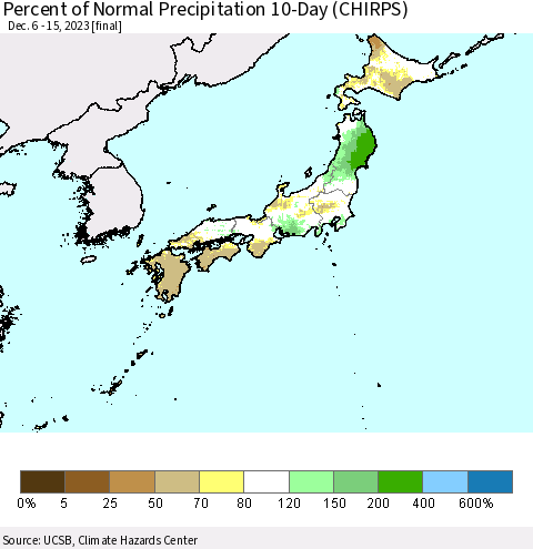 Japan Percent of Normal Precipitation 10-Day (CHIRPS) Thematic Map For 12/6/2023 - 12/15/2023