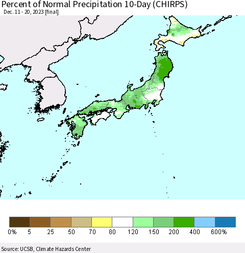 Japan Percent of Normal Precipitation 10-Day (CHIRPS) Thematic Map For 12/11/2023 - 12/20/2023