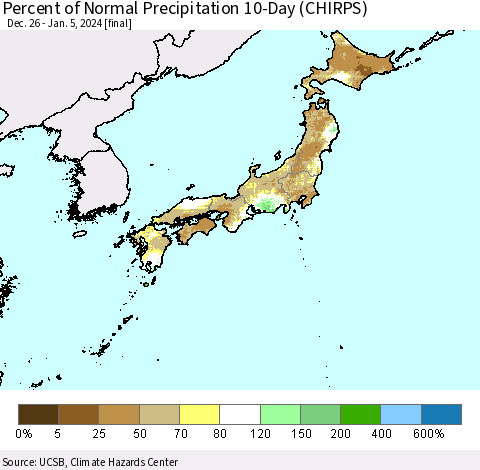 Japan Percent of Normal Precipitation 10-Day (CHIRPS) Thematic Map For 12/26/2023 - 1/5/2024