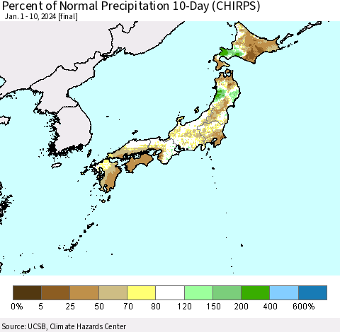 Japan Percent of Normal Precipitation 10-Day (CHIRPS) Thematic Map For 1/1/2024 - 1/10/2024
