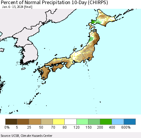 Japan Percent of Normal Precipitation 10-Day (CHIRPS) Thematic Map For 1/6/2024 - 1/15/2024