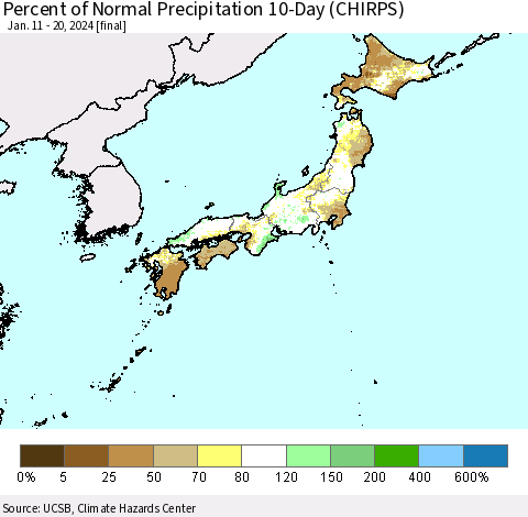 Japan Percent of Normal Precipitation 10-Day (CHIRPS) Thematic Map For 1/11/2024 - 1/20/2024