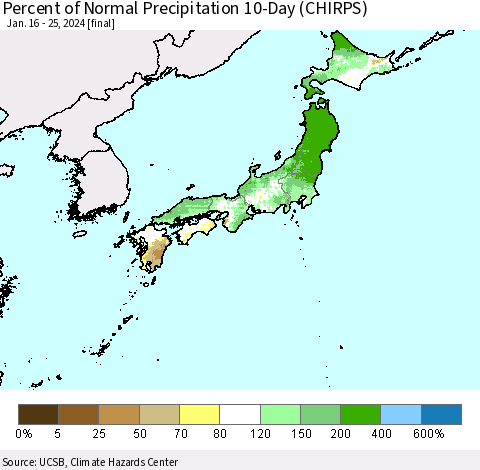 Japan Percent of Normal Precipitation 10-Day (CHIRPS) Thematic Map For 1/16/2024 - 1/25/2024