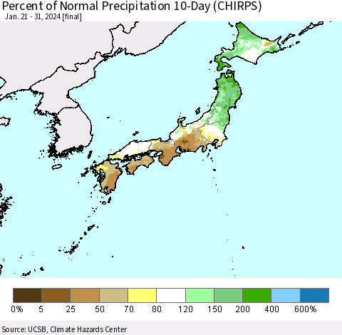 Japan Percent of Normal Precipitation 10-Day (CHIRPS) Thematic Map For 1/21/2024 - 1/31/2024