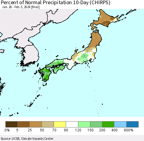 Japan Percent of Normal Precipitation 10-Day (CHIRPS) Thematic Map For 1/26/2024 - 2/5/2024