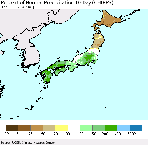 Japan Percent of Normal Precipitation 10-Day (CHIRPS) Thematic Map For 2/1/2024 - 2/10/2024