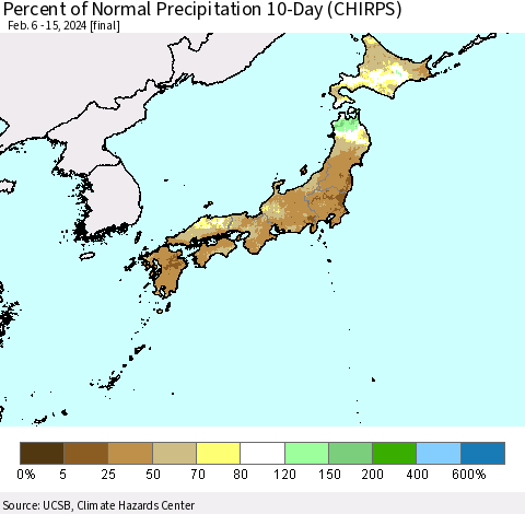 Japan Percent of Normal Precipitation 10-Day (CHIRPS) Thematic Map For 2/6/2024 - 2/15/2024