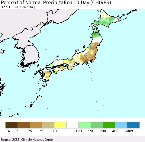 Japan Percent of Normal Precipitation 10-Day (CHIRPS) Thematic Map For 2/11/2024 - 2/20/2024