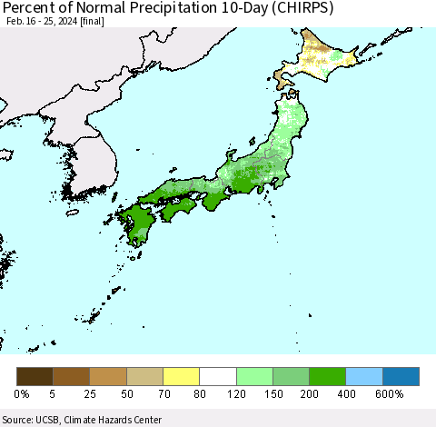 Japan Percent of Normal Precipitation 10-Day (CHIRPS) Thematic Map For 2/16/2024 - 2/25/2024