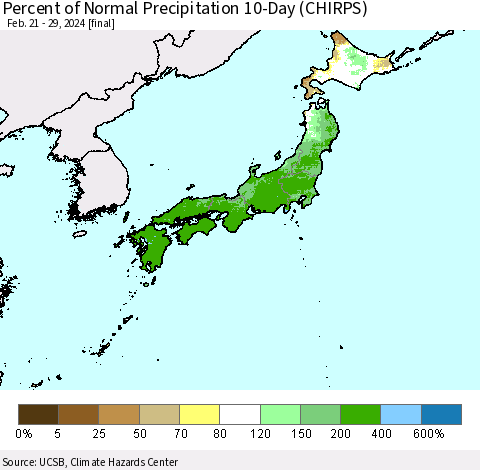 Japan Percent of Normal Precipitation 10-Day (CHIRPS) Thematic Map For 2/21/2024 - 2/29/2024