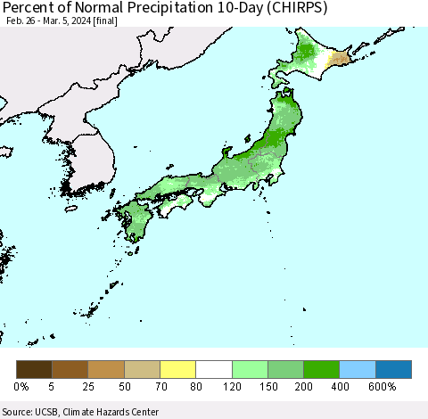 Japan Percent of Normal Precipitation 10-Day (CHIRPS) Thematic Map For 2/26/2024 - 3/5/2024