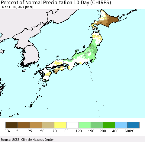 Japan Percent of Normal Precipitation 10-Day (CHIRPS) Thematic Map For 3/1/2024 - 3/10/2024