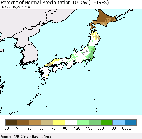 Japan Percent of Normal Precipitation 10-Day (CHIRPS) Thematic Map For 3/6/2024 - 3/15/2024