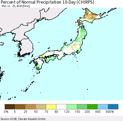 Japan Percent of Normal Precipitation 10-Day (CHIRPS) Thematic Map For 3/11/2024 - 3/20/2024