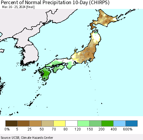 Japan Percent of Normal Precipitation 10-Day (CHIRPS) Thematic Map For 3/16/2024 - 3/25/2024