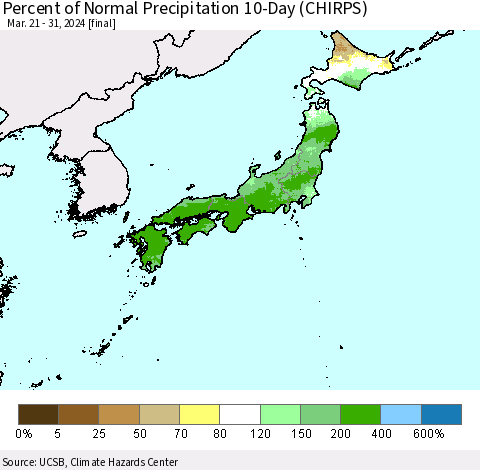 Japan Percent of Normal Precipitation 10-Day (CHIRPS) Thematic Map For 3/21/2024 - 3/31/2024